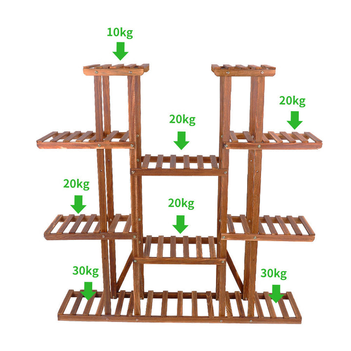 Large 11-tier Wooden Plant Shelf | Carbonized, Wide Flower Stand for Indoor & Outdoor | Kalsten