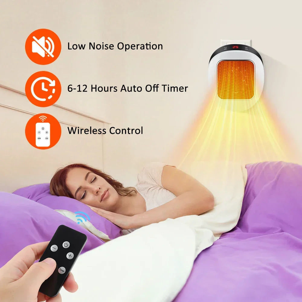 Kalsten | ThermoLux Mini Wall Heater 600W | Compact Electric Heater with Remote Control | Wall Socket Heater with Thermostat & Timer | Quick Heat in 3 Seconds