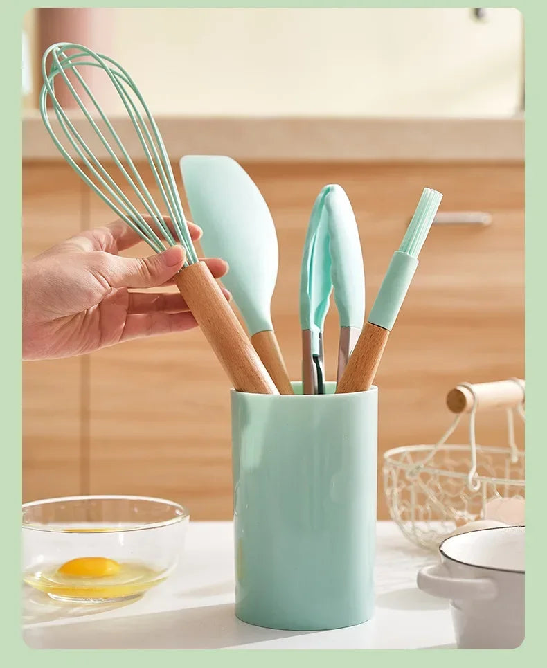 12-piece silicone cooking utensils set with wooden handles | Kalsten