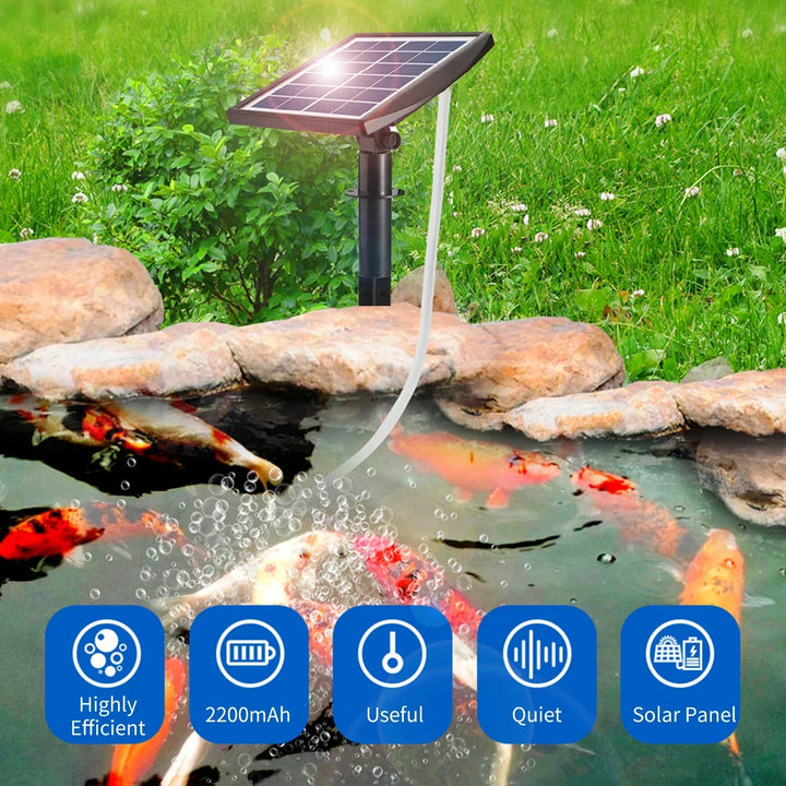 Kalsten | AquaSola Solar-powered Oxygen Pump with Battery | 6V 2W | For Ponds & Aquariums | Includes 2 Air Stones & 0.25 cm Hose
