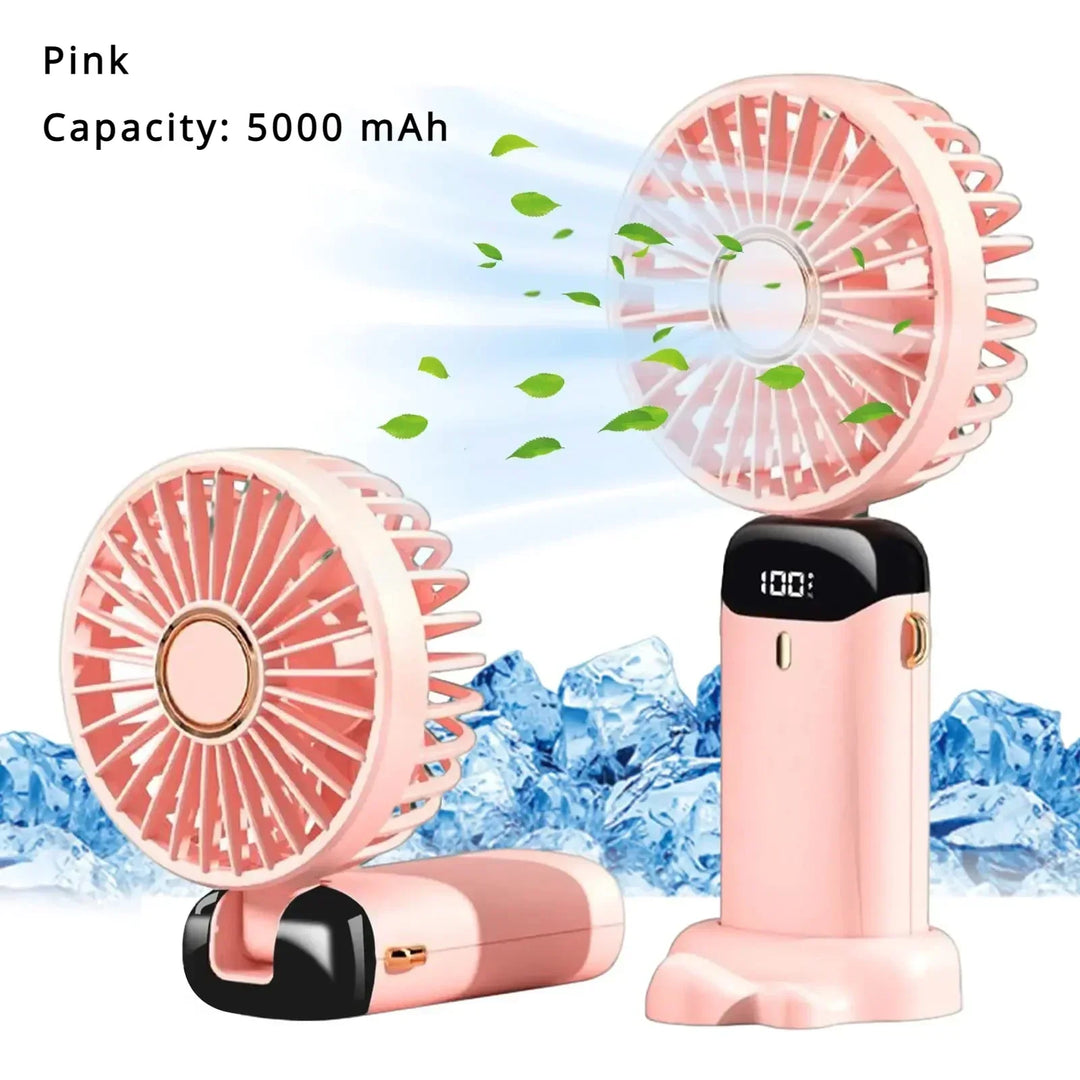 5000mAh Handheld Mini Fan – Wireless USB Rechargeable Portable Fan with Digital Display, Phone Holder, 5-Speed Foldable Neck Hanging Fan | Kalsten