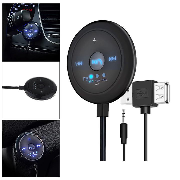 Kalsten | 2-in-1 Bluetooth 5.0 Car Player with FM Transmitter, AUX Input, 500mAh Battery, 5V Input, Compatible with Phones and Tablets