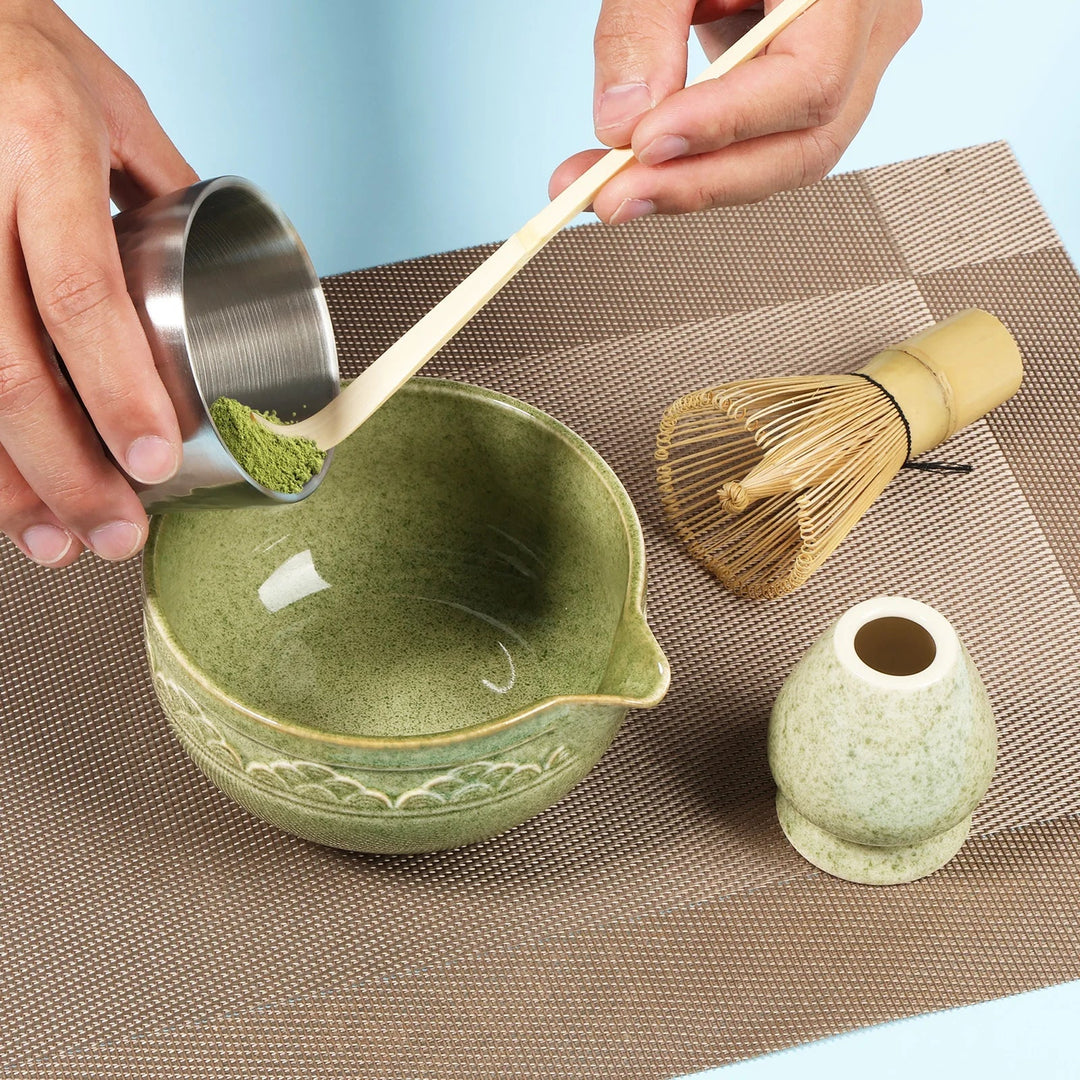 Matcha Set 5-Piece Green Ceramic Bowl Bamboo Whisk Holder Scoop-2