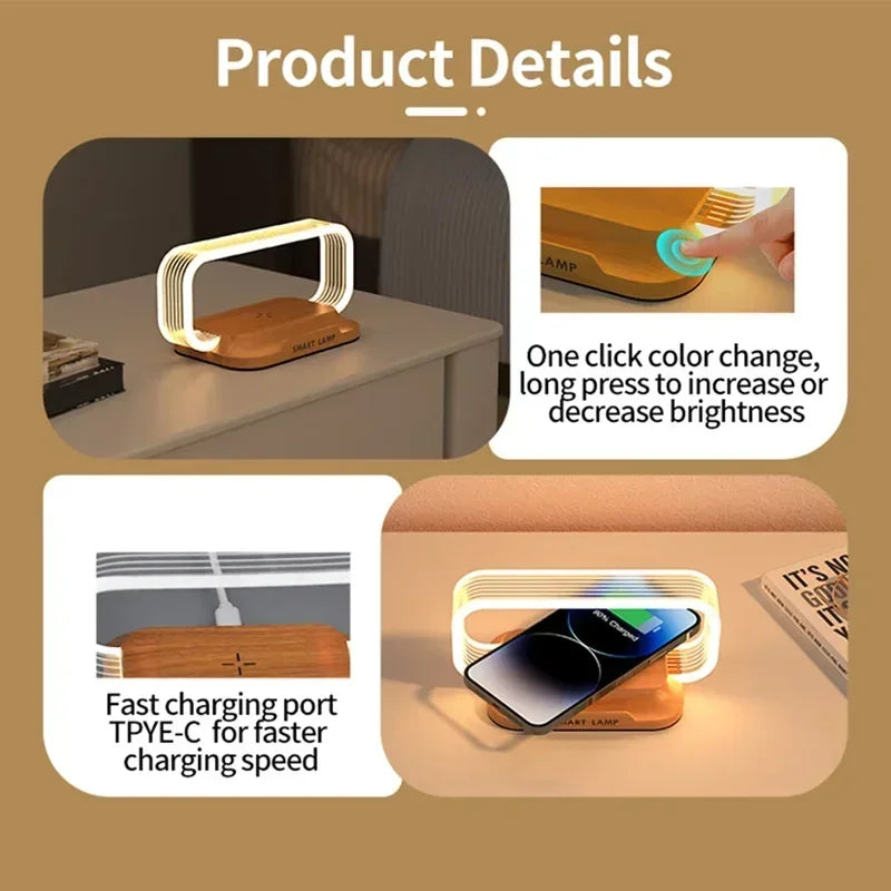 LumiCharge Touch | LED Table Lamp with Wireless Charger | Dimmable & Touch Control | Qi Fast Charging Function | Wood Look | Kalsten
