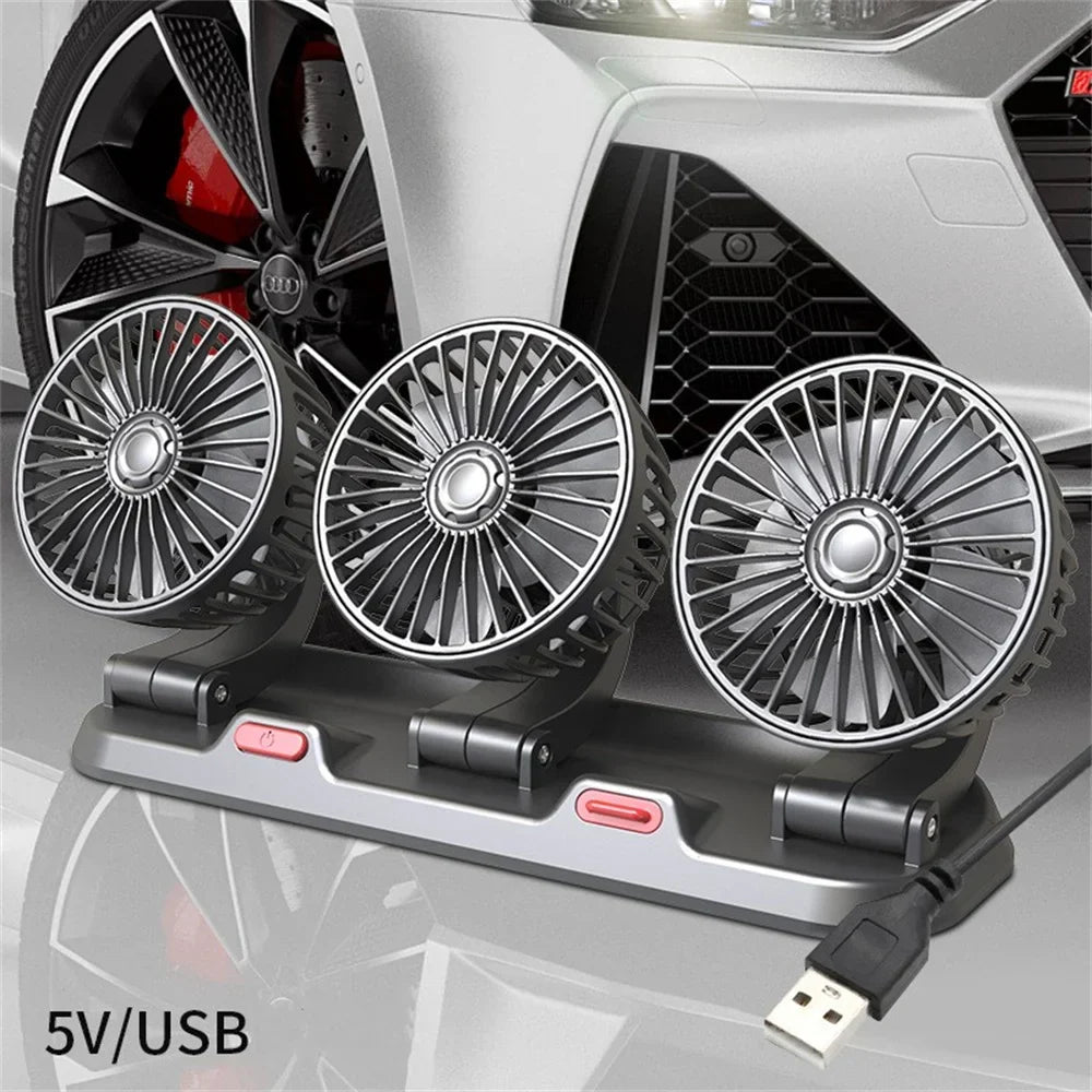 360° Adjustable Car Fan - 3-Head Automotive Electric Fan - USB/12V/24V - 2 Speeds - Silent Cooling for Home, Desk, Office & Car | Kalsten