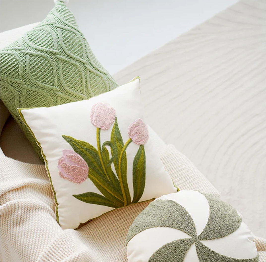 Green & Pink Tulip Embroidered Pillow Cover | Kalsten