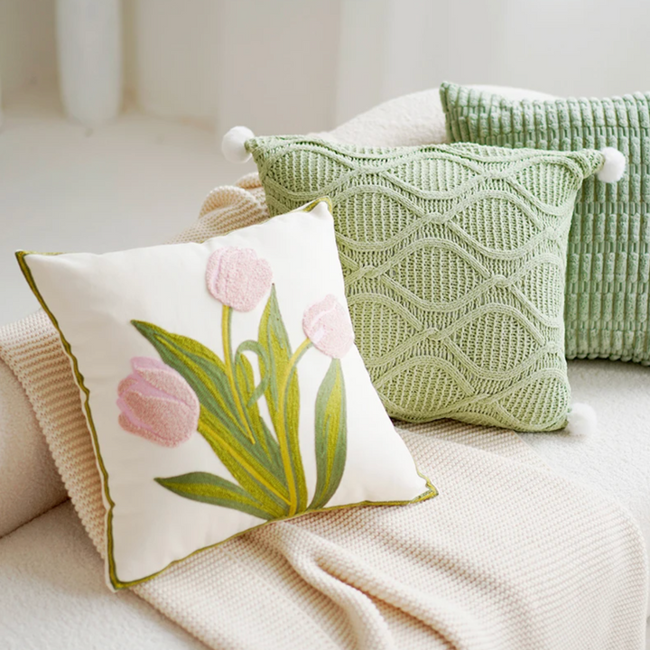 Green & Pink Tulip Embroidered Pillow Cover | Kalsten
