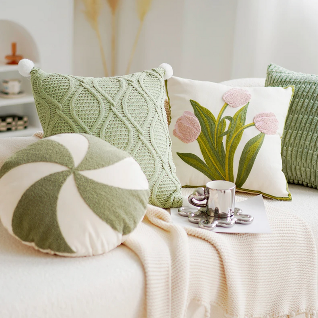 Green & Pink Tulip Embroidered Pillow Cover | Kalsten