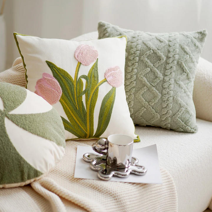 Green & Pink Tulip Embroidered Pillow Cover | Kalsten