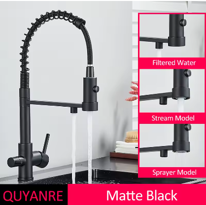 Sandsberg Black Filter Kitchen Faucet with Double Outlet – Mixer Tap with Water Filter for Kitchen, Water Treatment and Cleaning | Skanto