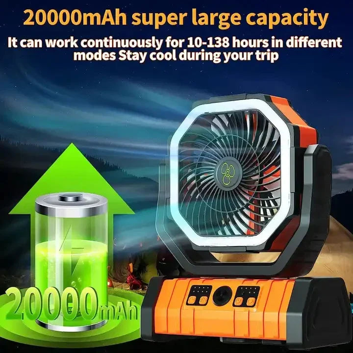 20000mAh Portable Rechargeable Fan — Battery-Operated Desk & Camping Fan with LED Light & Hook for Tent, Car, and Outdoor Trips | Kalsten