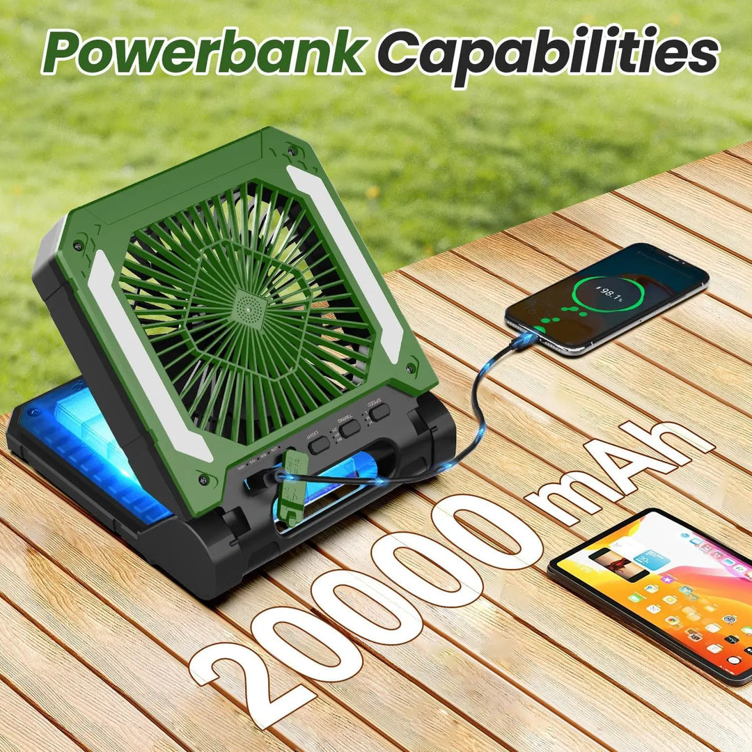 20000mAh Portable Electric Fan with LED Light — USB, Solar & Car Charging for Camping | Kalsten