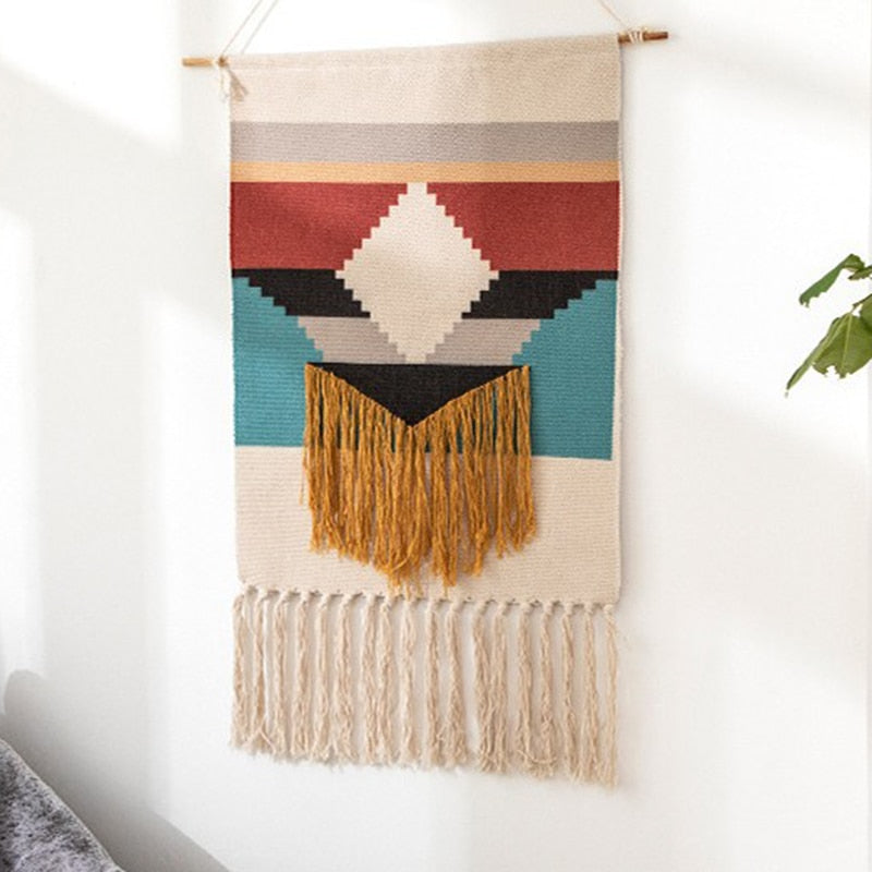Skanto | Bohemian Wall Tapestry, Macrame Wall Hanging, Home Decor, Cotton Linen Tassel, Handmade, Woven, Geometric Canvas Art, Backdrop Tapestries