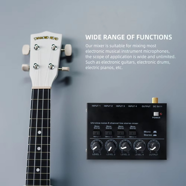 Kalsten | Ultra-Compact 4-Channel Low Noise Audio Mixer with Stereo RCA Output