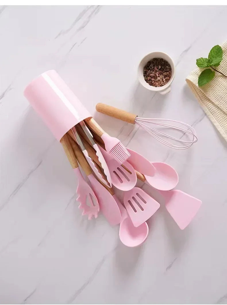 12-piece silicone cooking utensils set with wooden handles | Kalsten