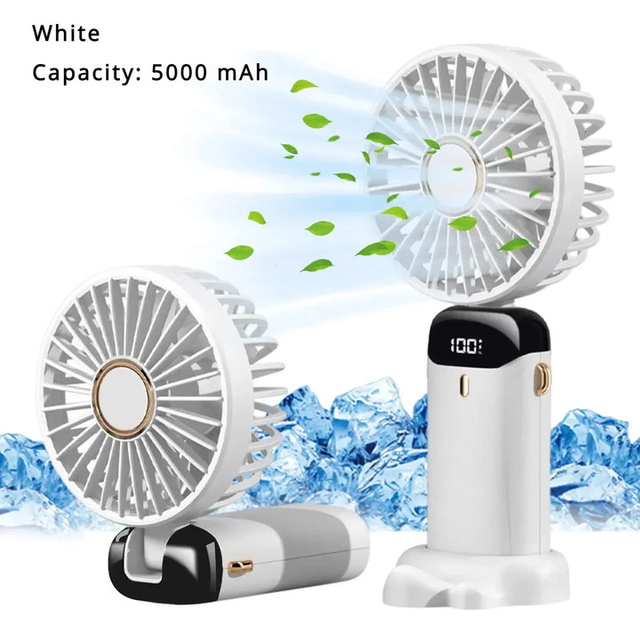 5000mAh Handheld Mini Fan – Wireless USB Rechargeable Portable Fan with Digital Display, Phone Holder, 5-Speed Foldable Neck Hanging Fan | Kalsten