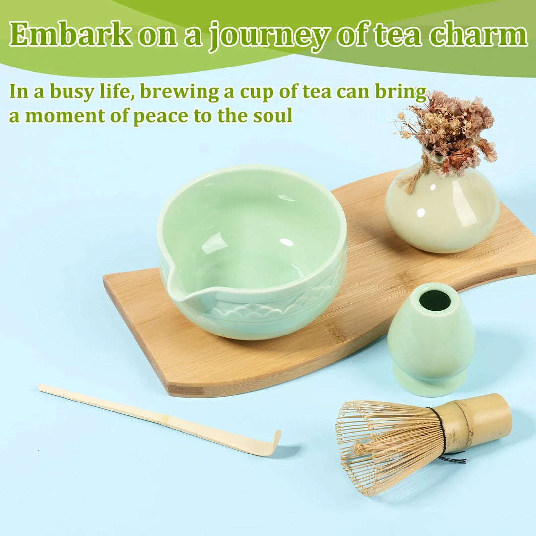 Matcha Set 5-Piece Green Ceramic Bowl Bamboo Whisk Holder Scoop-6