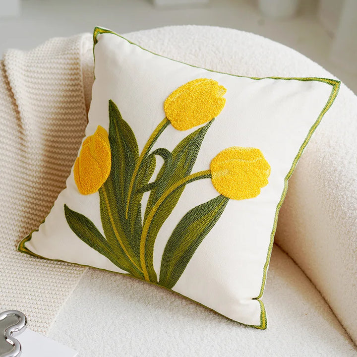 Green & Pink Tulip Embroidered Pillow Cover | Kalsten