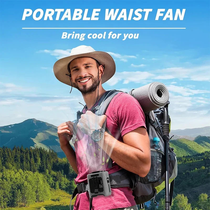 10000mAh Waist Clip Fan with Power Bank – Portable Hands-Free Rechargeable Fan | 5-Speed Cooling, Battery Display, USB Charging, Outdoor Wearable Fan | Kalsten