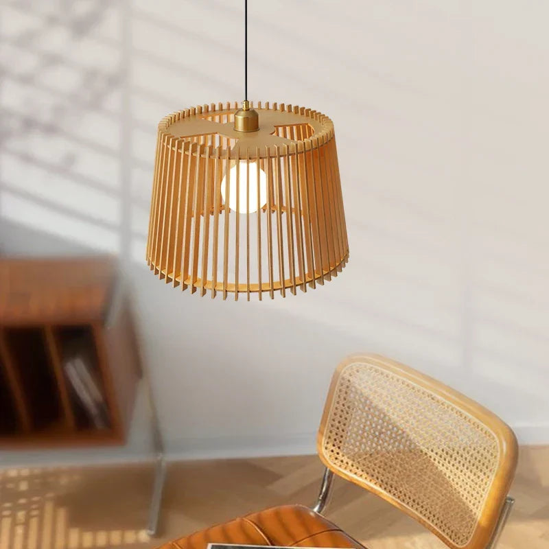 Modern Japanese Birdcage Pendant Lamp – Wooden Bucket Chandelier for Living Room, Bedroom, and Bar Décor | Kalsten
