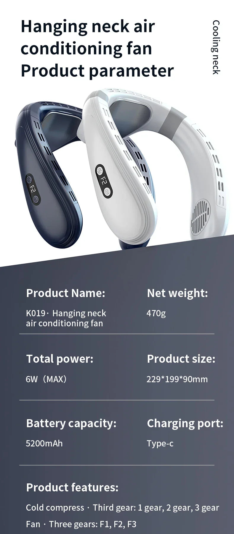 Portable Neck Fan 5200mAh – Rechargeable Wearable Semiconductor Cooling Fan, Personal Outdoor Neck Air Conditioner | Kalsten