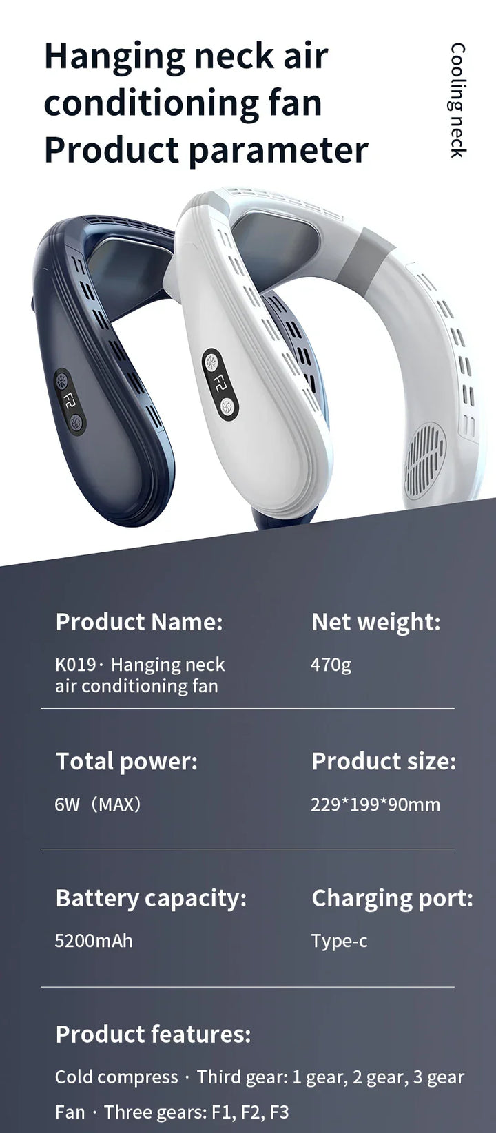Portable Neck Fan 5200mAh – Rechargeable Wearable Semiconductor Cooling Fan, Personal Outdoor Neck Air Conditioner | Kalsten