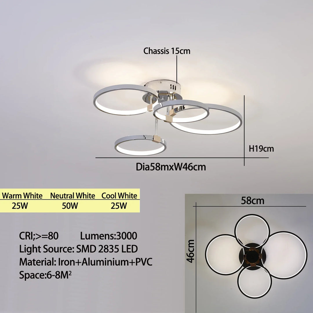 Modern Dimmable LED Ceiling Light – 4/6 Ring Chandelier with Remote Control, Adjustable Color Temperature for Living Room, Bedroom, and Dining Room | Kalsten