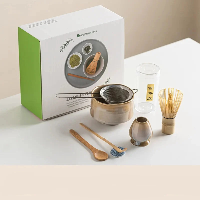 7-Piece Matcha Set Green Size Standard Ceramic - Matcha Bowl and Whisk Set for Traditional Tea Ceremony-1