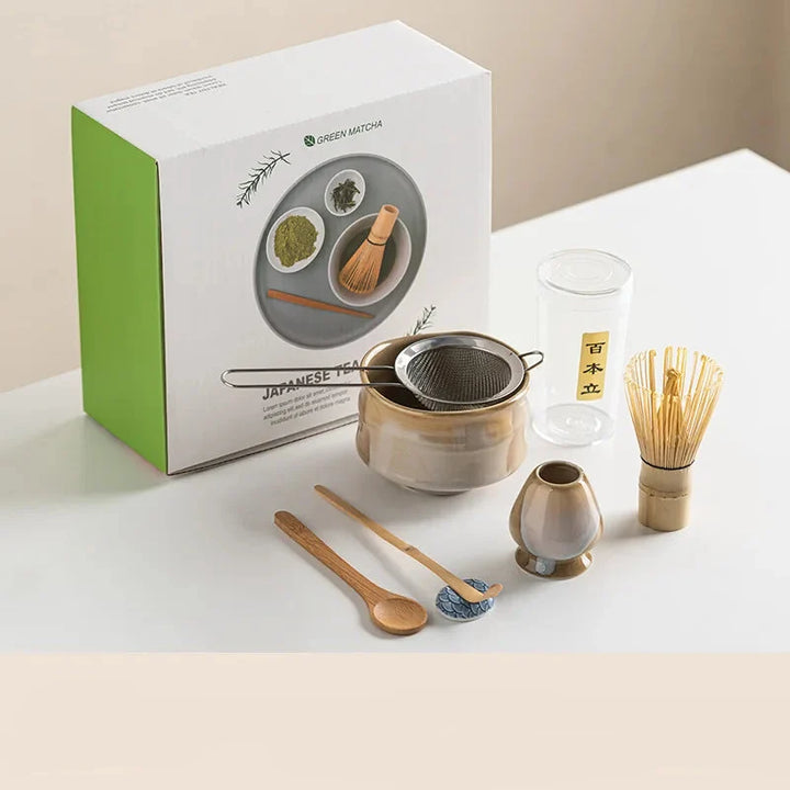 7-Piece Matcha Set Green Size Standard Ceramic - Matcha Bowl and Whisk Set for Traditional Tea Ceremony-1