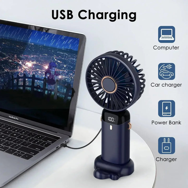 5000mAh Handheld Mini Fan – Wireless USB Rechargeable Portable Fan with Digital Display, Phone Holder, 5-Speed Foldable Neck Hanging Fan | Kalsten