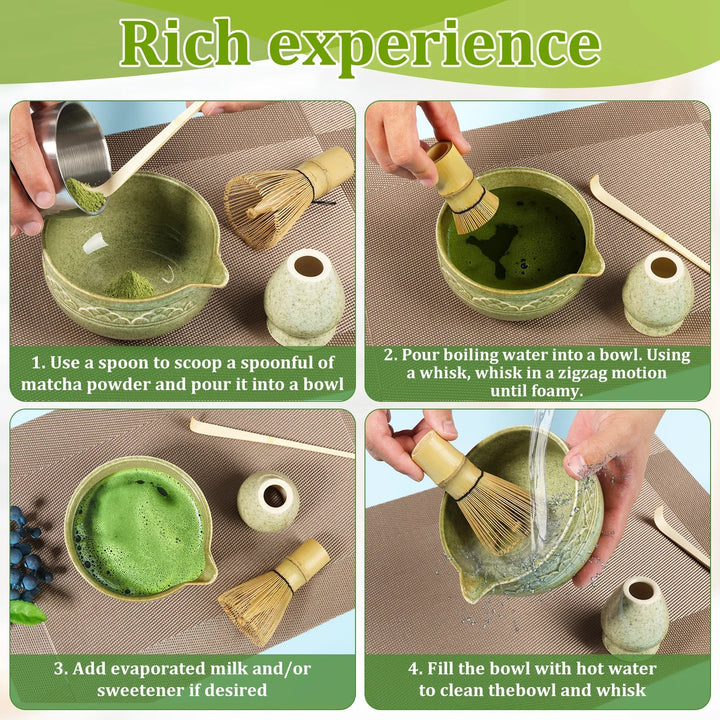 Matcha Set 5-Piece Green Ceramic Bowl Bamboo Whisk Holder Scoop-4