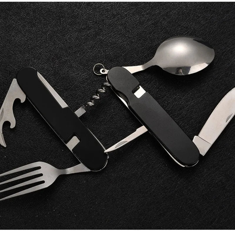 Skanto | 4-in-1 Outdoor Cutlery Set Camplico | Folding Spoon, Fork, Knife & Bottle Opener | Stainless Steel & Compact | For Camping & Travel