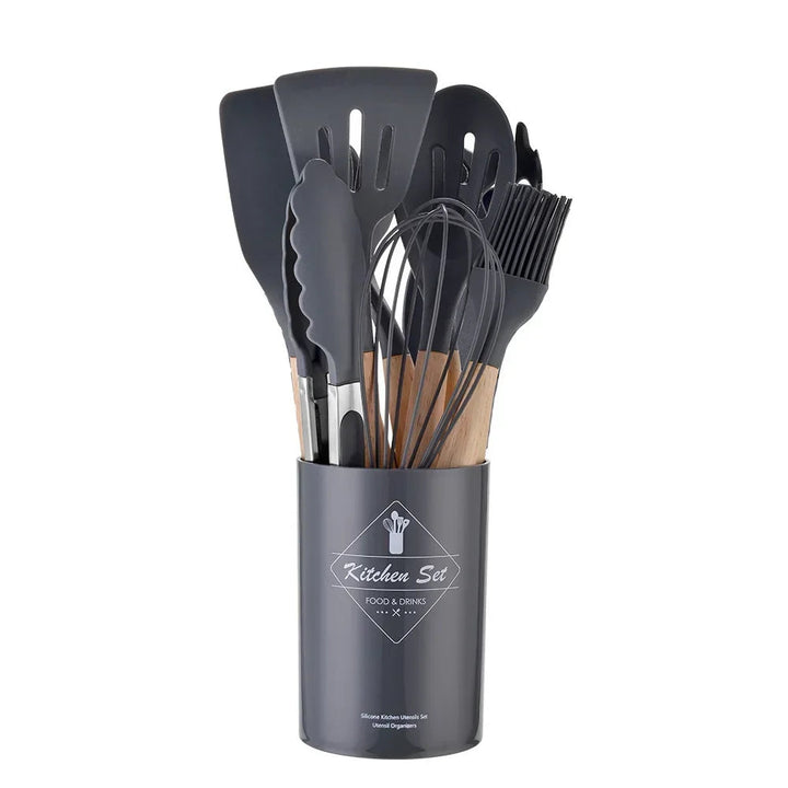 12-piece silicone cooking utensils set with wooden handles | Kalsten