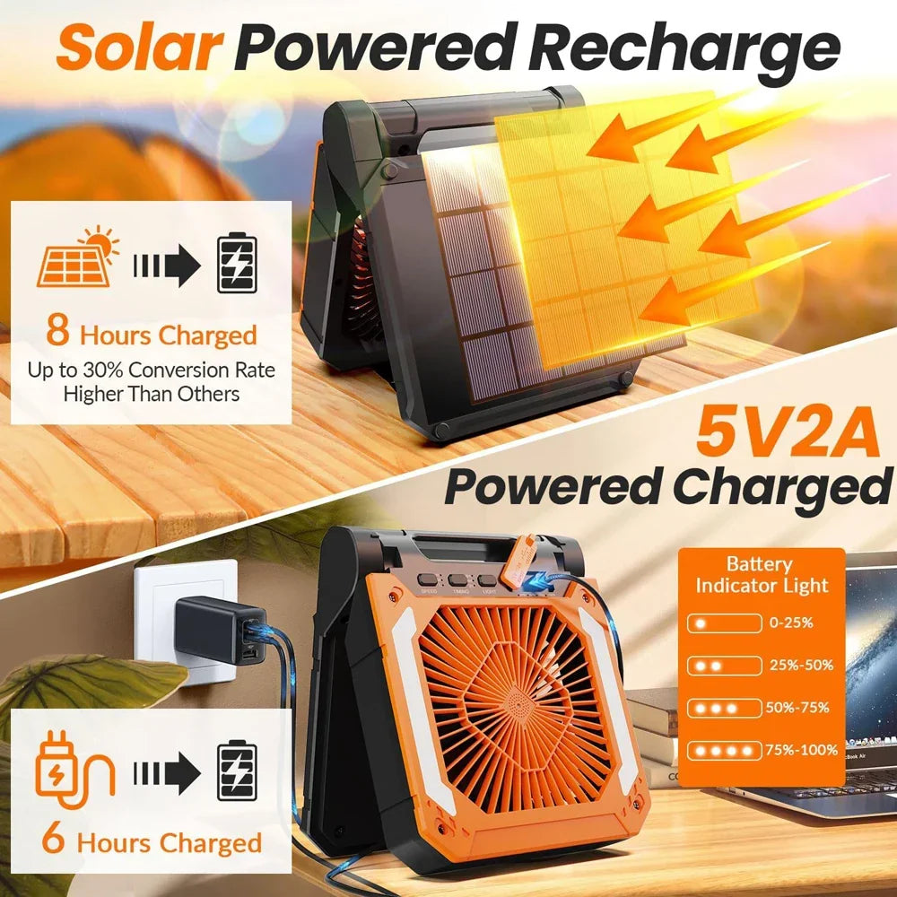 20000mAh Portable Electric Fan with LED Light — USB, Solar & Car Charging for Camping | Kalsten