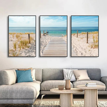 Set of 3PCS Blue Ocean Sandy Beach Wall Art Fine Art Canvas Print Inspiration Seascapes Images of Serenity for Living Room | Skanto