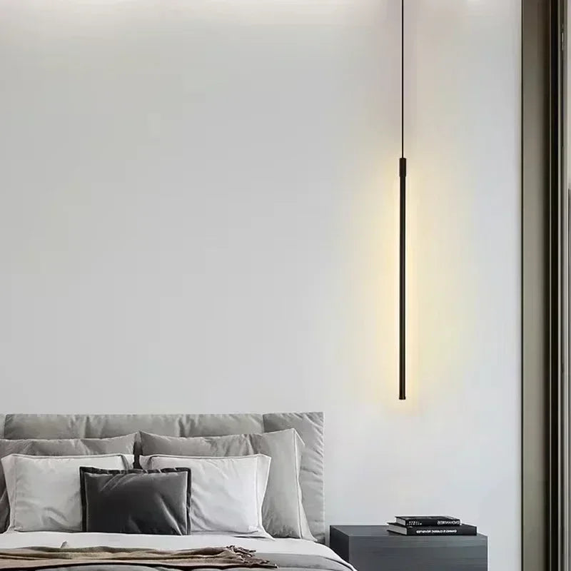 Modern LED Long Pendant Light for Dining Room, Bedroom & Living Room – Touch Switch, Aluminum Hanging Lamp, White & Black Lampshade | Kalsten