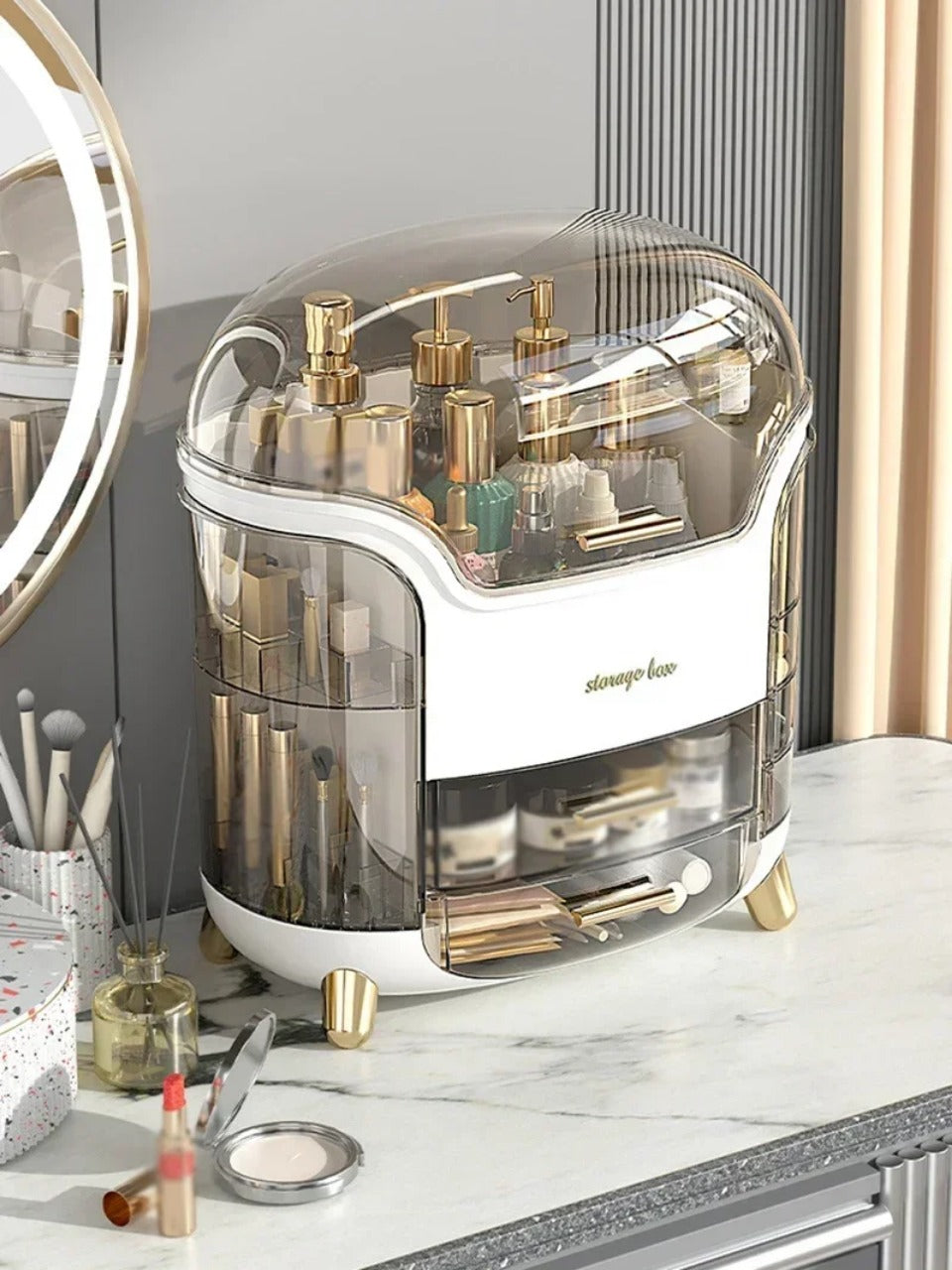Luxury Transparent Makeup Organizer with Rotating Doors and Drawers | Kalsten