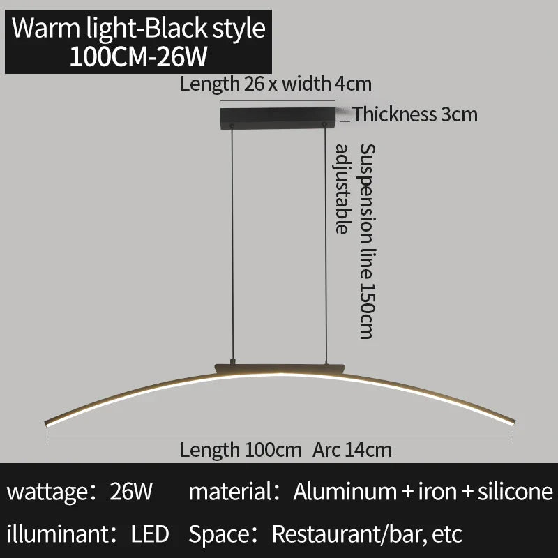 Modern Contemporary LED Dining Room Pendant Light | Sleek Arc Hanging Lamp, Adjustable Brightness | Kalsten