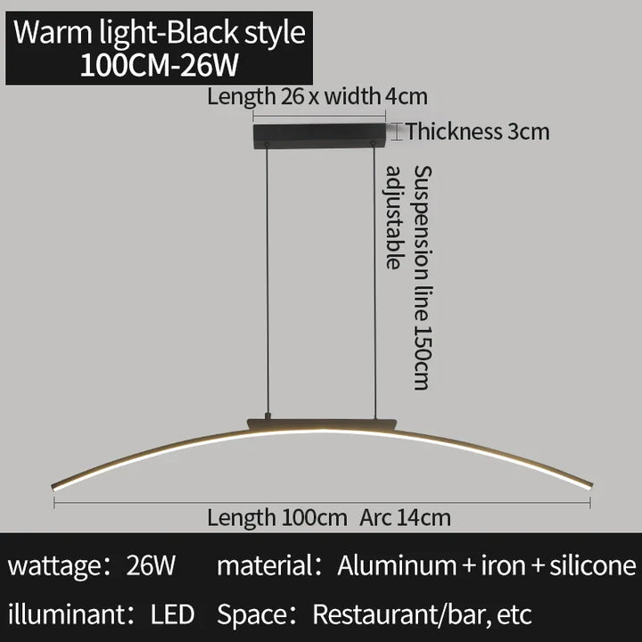 Modern Contemporary LED Dining Room Pendant Light | Sleek Arc Hanging Lamp, Adjustable Brightness | Kalsten