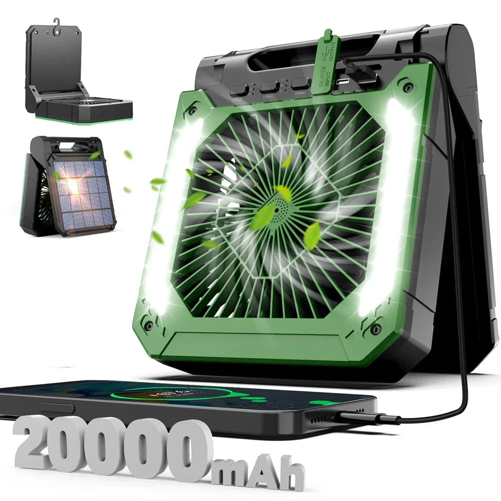 20000mAh Portable Electric Fan with LED Light — USB, Solar & Car Charging for Camping | Kalsten