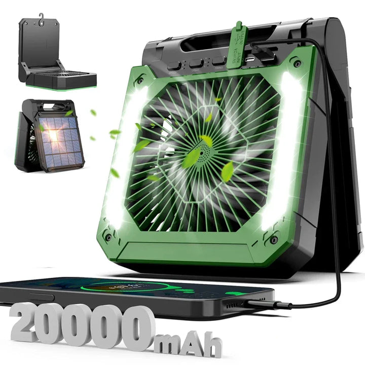20000mAh Portable Electric Fan with LED Light — USB, Solar & Car Charging for Camping | Kalsten