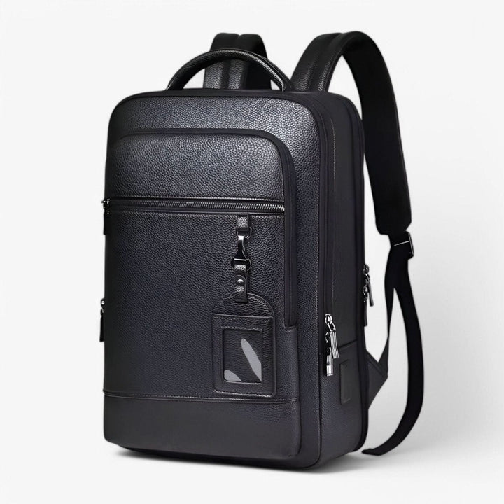 Kalsten | Elegant leather rucksack for men/women with USB port for laptop and everyday use, 15.6 inch, black