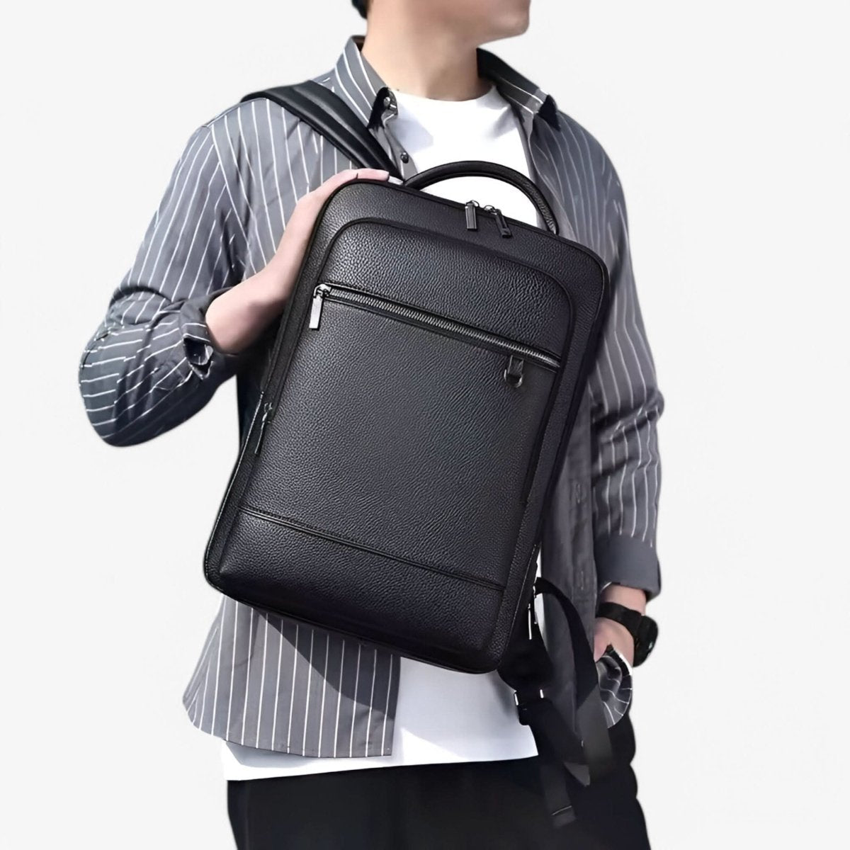 BowLift | Elegant leather rucksack for men/women with USB port for laptop and everyday use, 15.6 inch, black