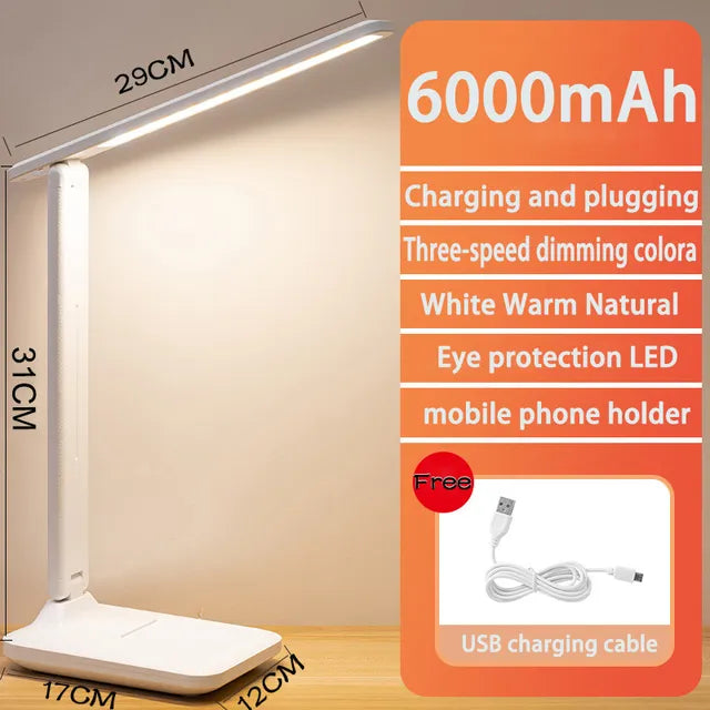 Kalsten | 6000mAh rechargeable LED table lamp USB 3 color stepless dimmable desk lamp touch foldable eye-protecting reading night light