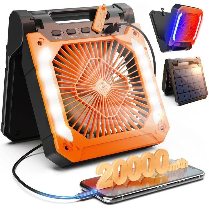 20000mAh Portable Electric Fan with LED Light — USB, Solar & Car Charging for Camping | Kalsten