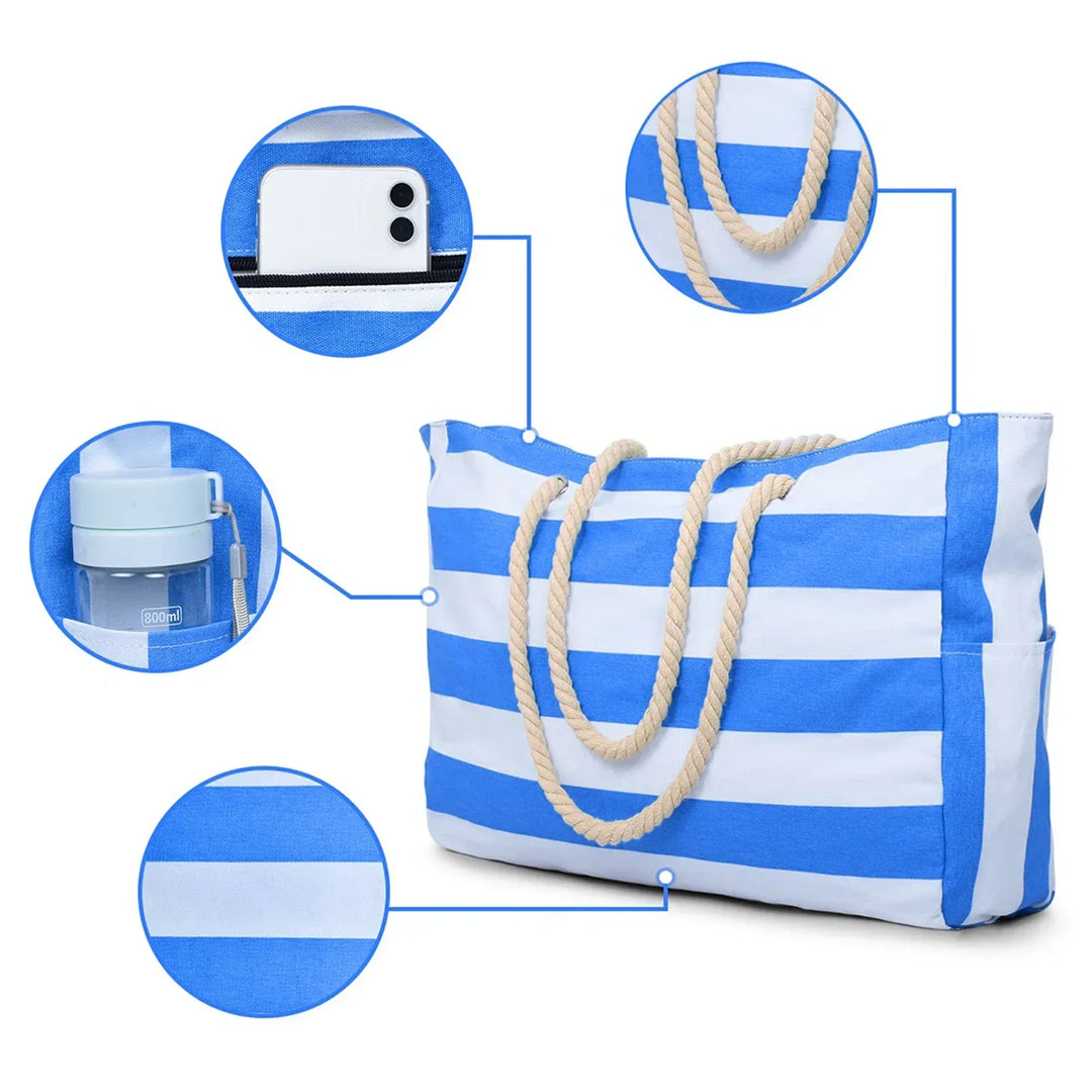 Kalsten | Marivalis Striped Beach Bag with Zipper | Foldable Sand Resistant Canvas | For Travel & Vacation