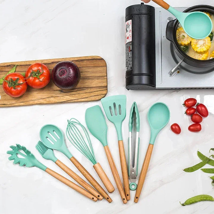 12-piece silicone cooking utensils set with wooden handles | Kalsten