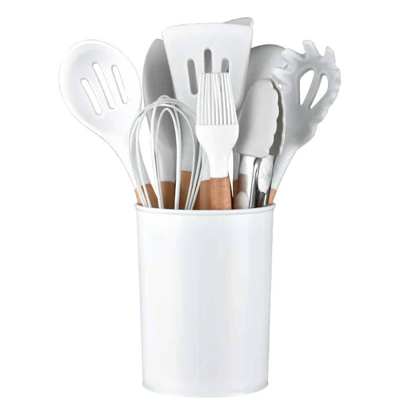 Kitchen set with 11 pieces in wood / silicone including holder (black or white) | Kalsten