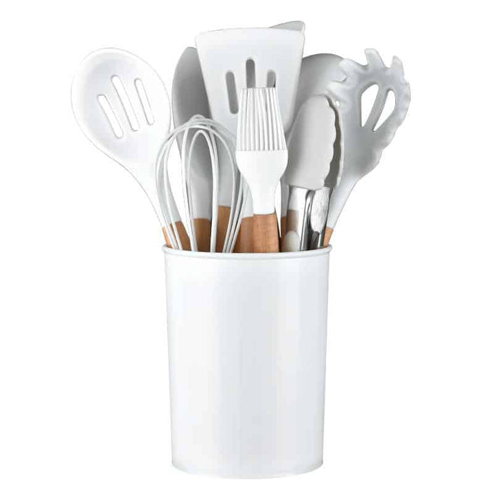 Kitchen set with 11 pieces in wood / silicone including holder (black or white) | Kalsten