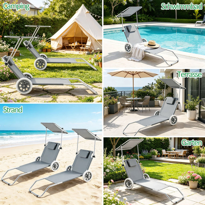 Sun lounger with wheels and sun canopy folding garden lounger | Kalsten